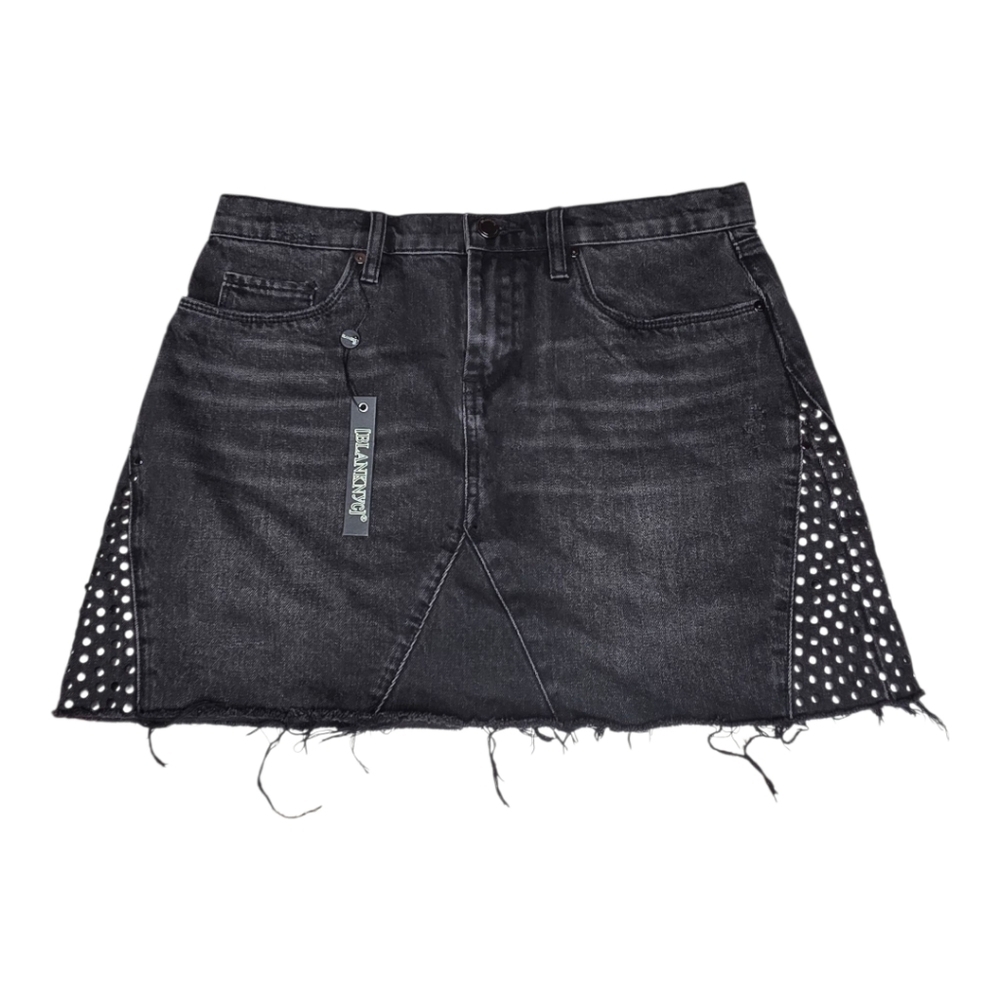 BLANKNYC Black Denim Polka Dot Raw Hem Mini Skirt NWT Size 29 Edgy